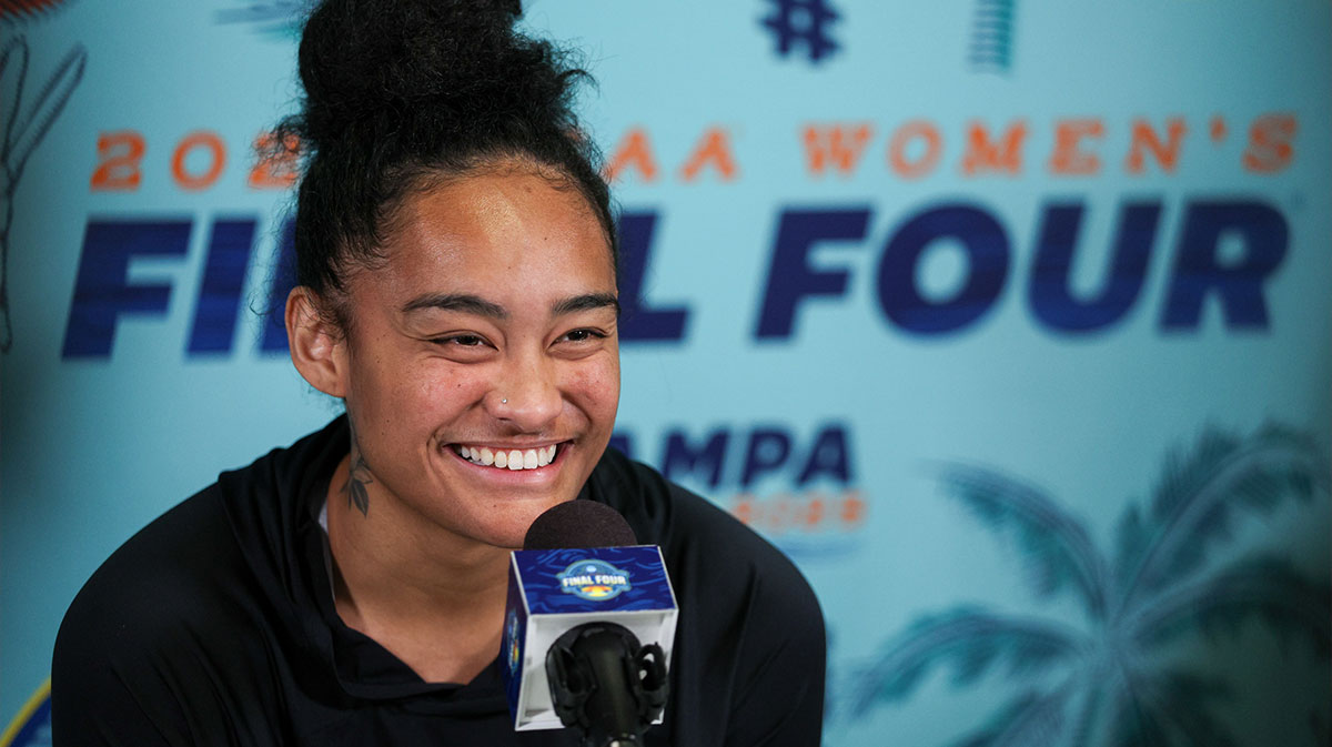 Dream guard Te-Hina Paopao (0) talks to media before practice at Amalie Arena.
