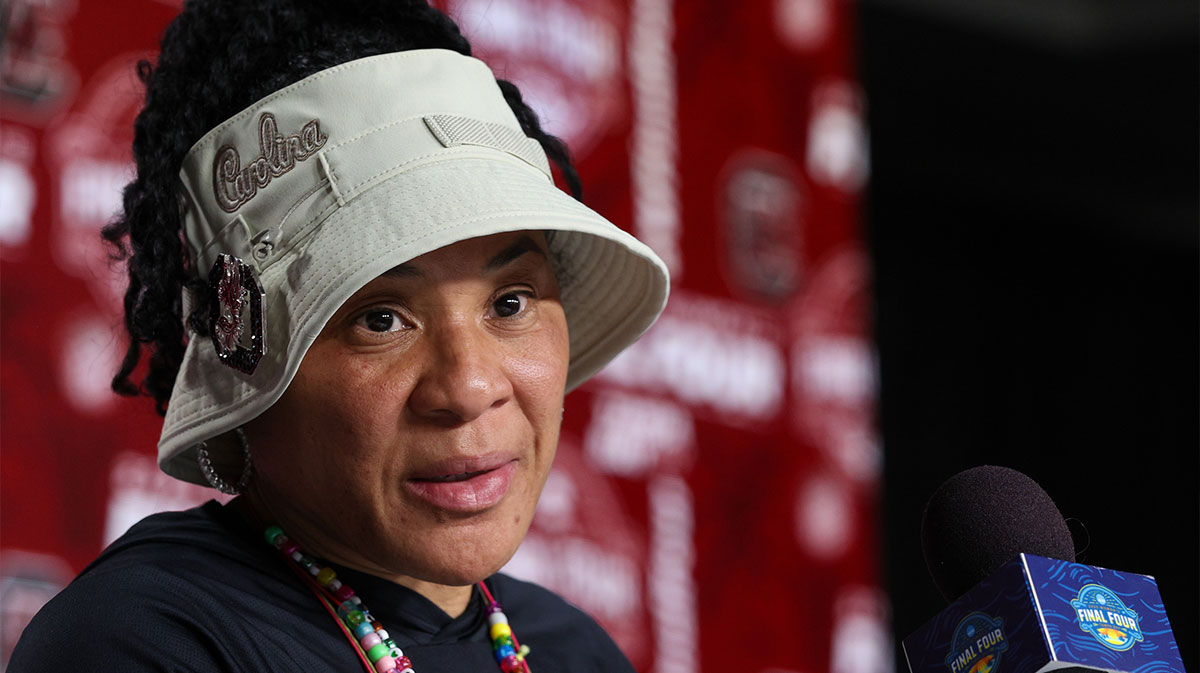 South Carolina Gamecocks head coach Dawn Staley talks to media before practice at Amalie Arena.
