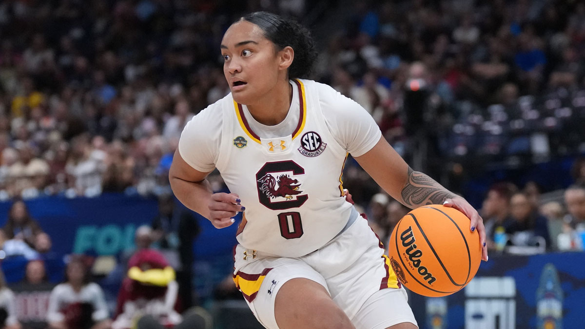 South Carolina Gamecocks guard Te-Hina Paopao dribbles against the Texas Longhorns during the first half in a semifinal of the women's 2025 NCAA tournament at Amalie Arena.