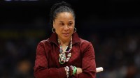 South Carolina Gamecocks head coach Dawn Staley reacts during the first quarter in a semifinal of the women's 2025 NCAA tournament against the Texas Longhorns at Amalie Arena.
