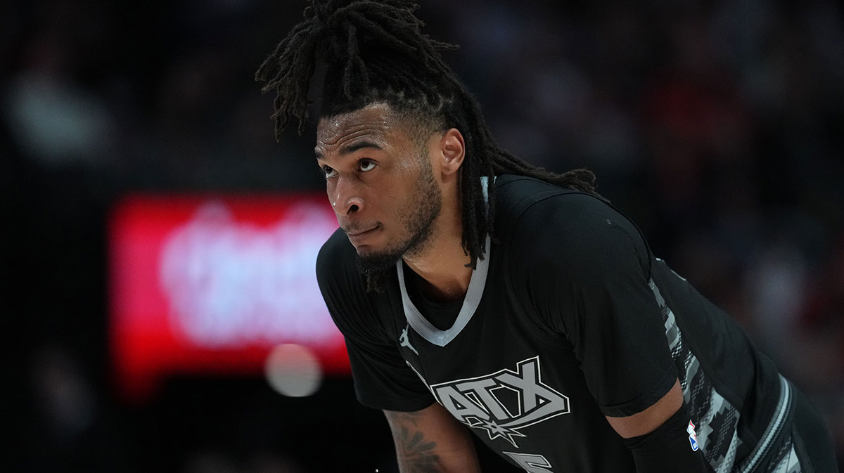 San Antonio Spurs guard Stephon Castle (5) looks on during the second half against the Portland Trail Blazers at Moda Center.