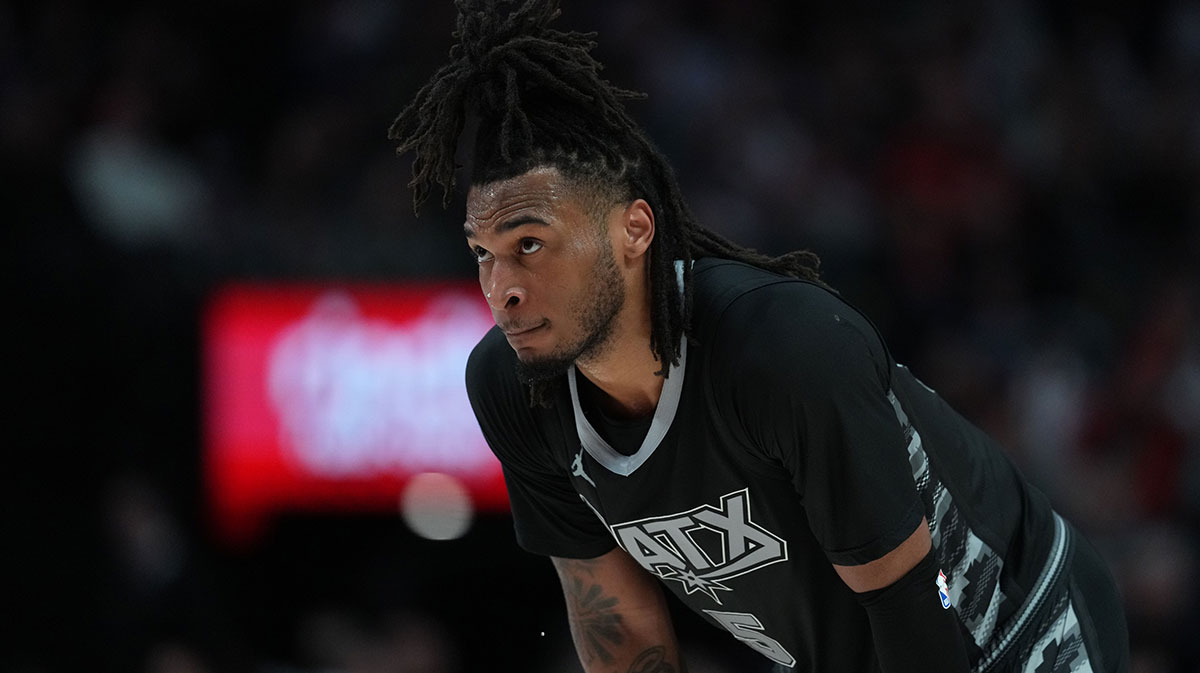 San Antonio Spurs guard Stephon Castle (5) looks on during the second half against the Portland Trail Blazers at Moda Center.