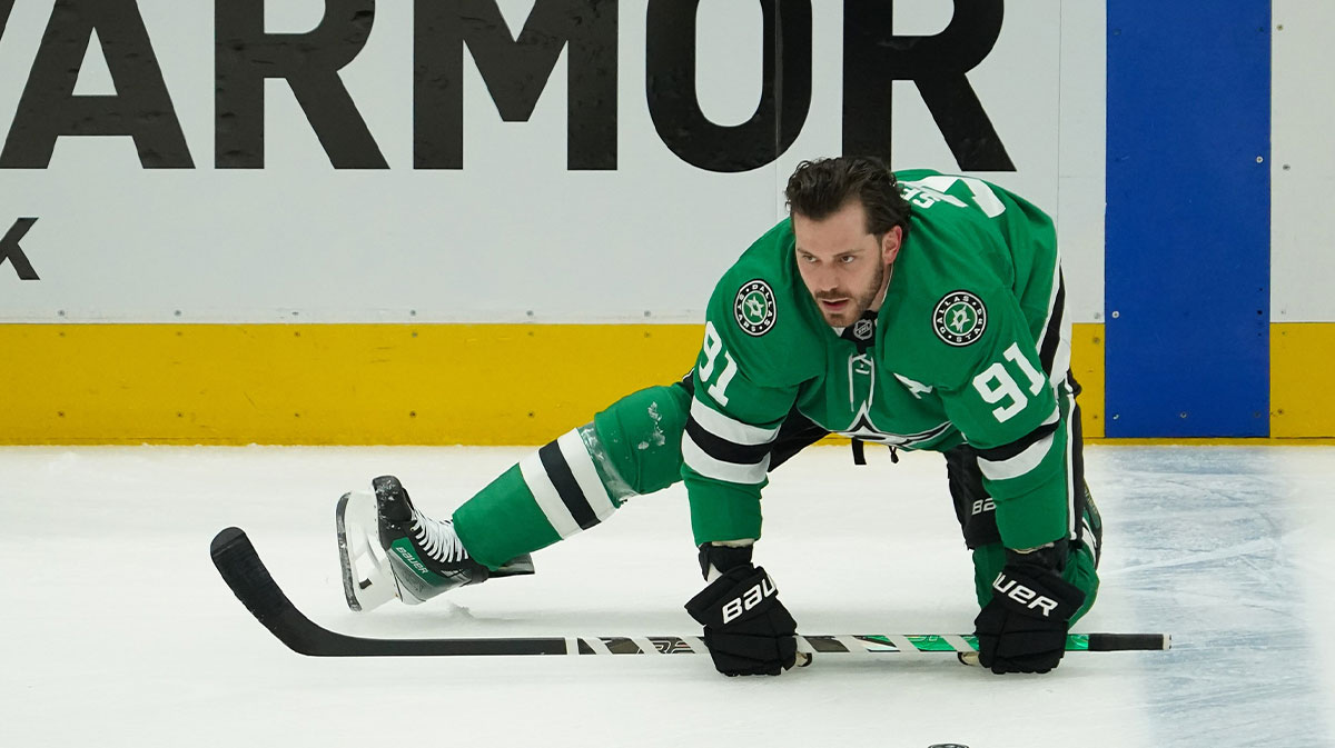 Dallas Stars center Tyler Seguin (91) stretches during warm-ups prior to game one of the first round of the 2025 Stanley Cup Playoffs against the Colorado Avalanche at American Airlines Center.