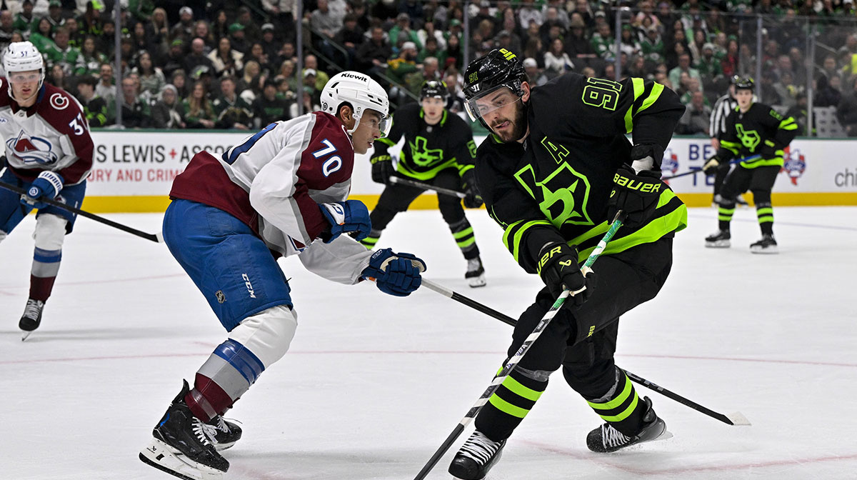 Dallas Stars center Tyler Seguin (91) and Colorado Avalanche defenseman Sam Malinski (70) in action during the game between the Dallas Stars and the Colorado Avalanche at American Airlines Center.