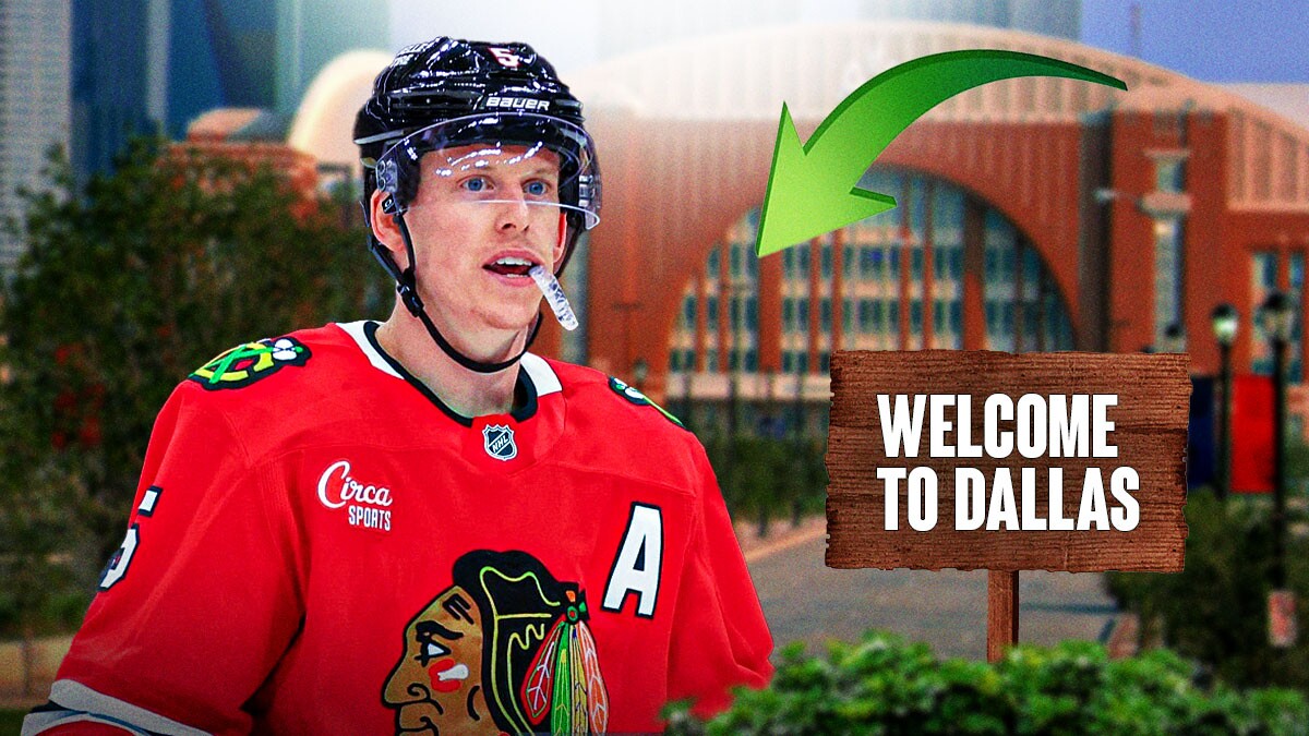 Blackhawks Defenseman Connor Murphy on the left, a right-pointing arrow in the middle, and a road sign that says "Welcome to Dallas" on the right, all inside American Airlines Center in Dallas