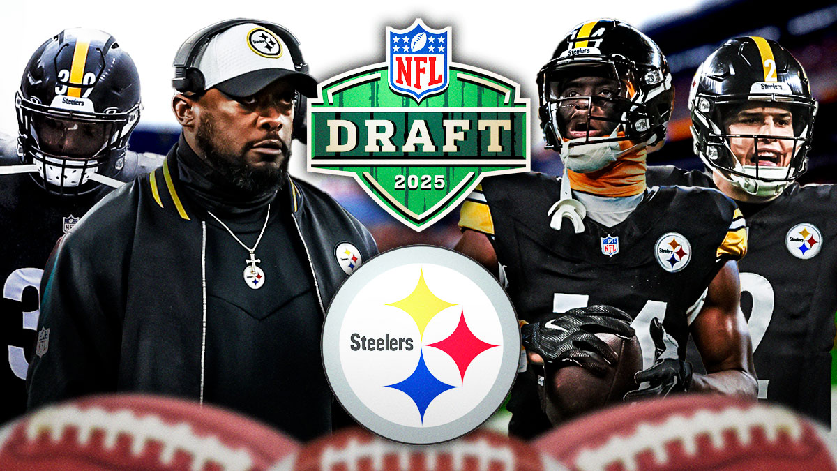 Mike Tomlin, George Pickens, Minkah Fitzpatrick, Mason Rudolph (Steelers) all together with Steelers logo and 2025 NFL Draft logo front and center.