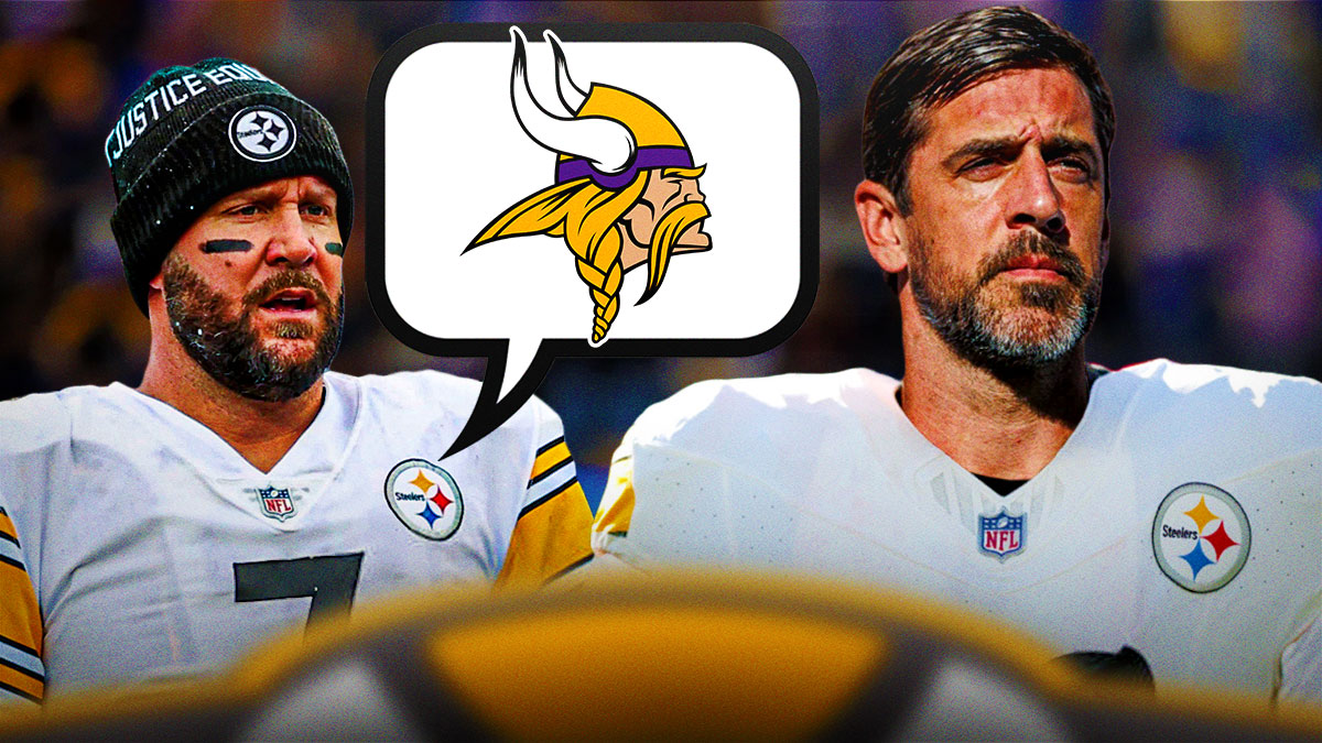 Ben Roethlisberger looking at Aaron Rodgers in a Steelers jersey with question marks around it. There is also a though bubble above Roethlisberger with the Minnesota Vikings logo.