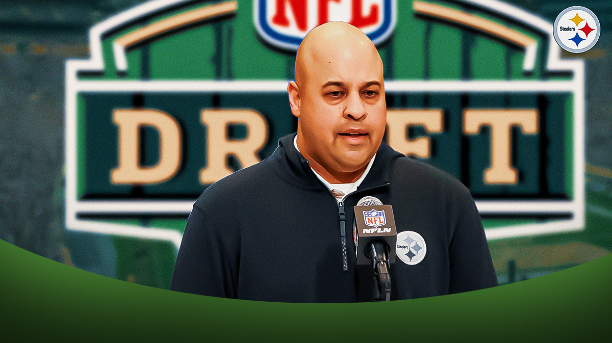 Omar Khan with Steelers logo and 2025 NFL Draft logo around him in free agency.
