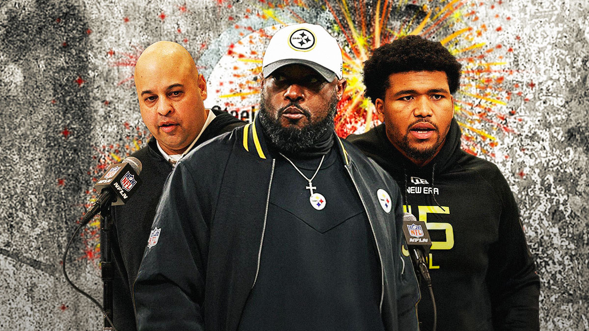 Coach MIke Tomlin, GM Omar Khan, Derrick Harmon beside each other, Pittsburgh Steelers wallpaper and fireworks in the background