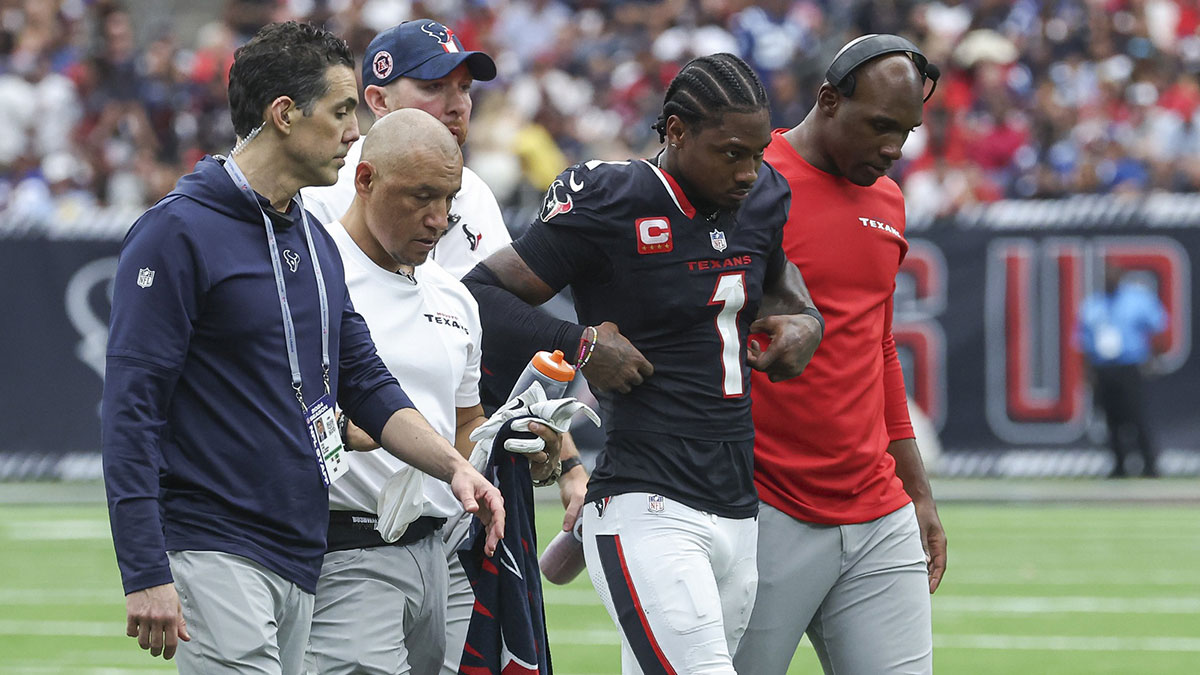 Ex-Houston Texans, current New England Patriots wide receiver Stefon Diggs (1) walks off the field after an apparent injury during the third quarter against the Indianapolis Colts at NRG Stadium.