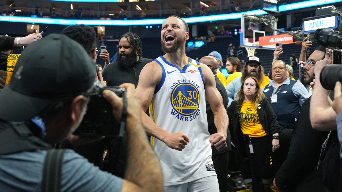 Golden State Warriors guard Stephen Curry (30) reacts after defeating the Houston Rockets during game three of first round for the 2024 NBA Playoffs at Chase Center.