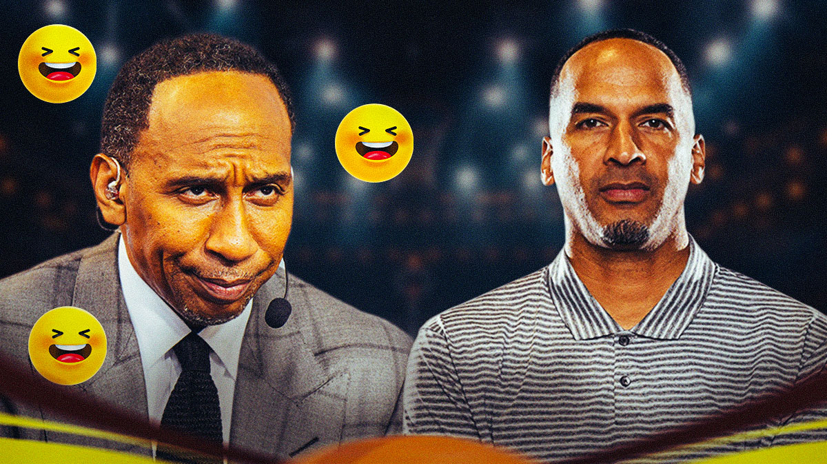Stephen A Smith with laughing emojis around him, and Mavericks general manager Nico Harrison looking puzzled.