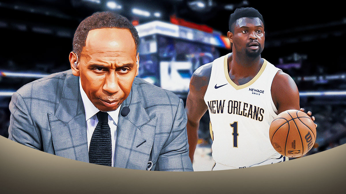 Zion Williamson in a Pelicans jersey, standing next to Stephen A Smith, who looks angry