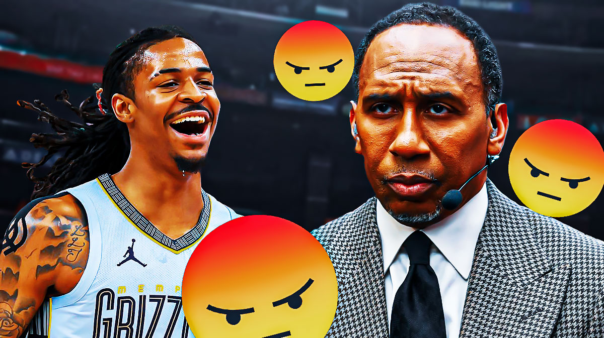 Stephen A Smith with angry emojis around him, and Grizzlies guard Ja Morant laughing next to him