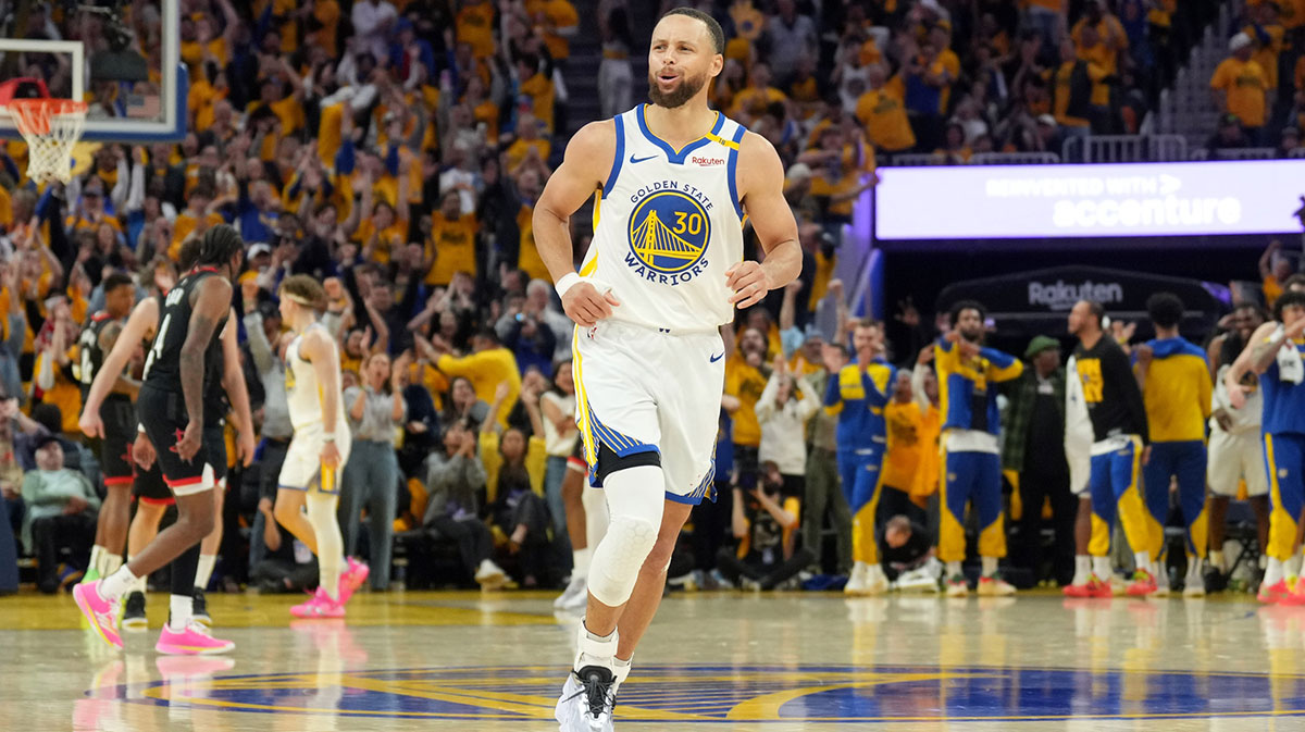 Golden State Warriors guard Stephen Curry (30) reacts after making a three point basket against the Houston Rockets during the fourth quarter of game three of first round for the 2024 NBA Playoffs at Chase Center.