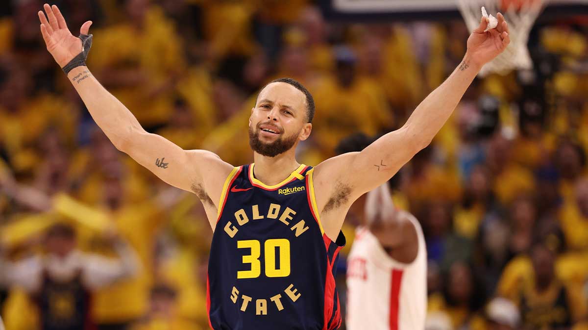 Golden State Warriors guard Stephen Curry (30) reacts after a play against the Houston Rockets during the third quarter of game four of the 2025 NBA Playoffs first round at Chase Center.