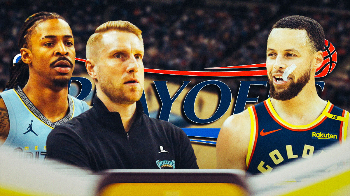 Ja Morant, Tuomas Iisalo, Stephen Curry, NBA Playoffs logo, Grizzlies
