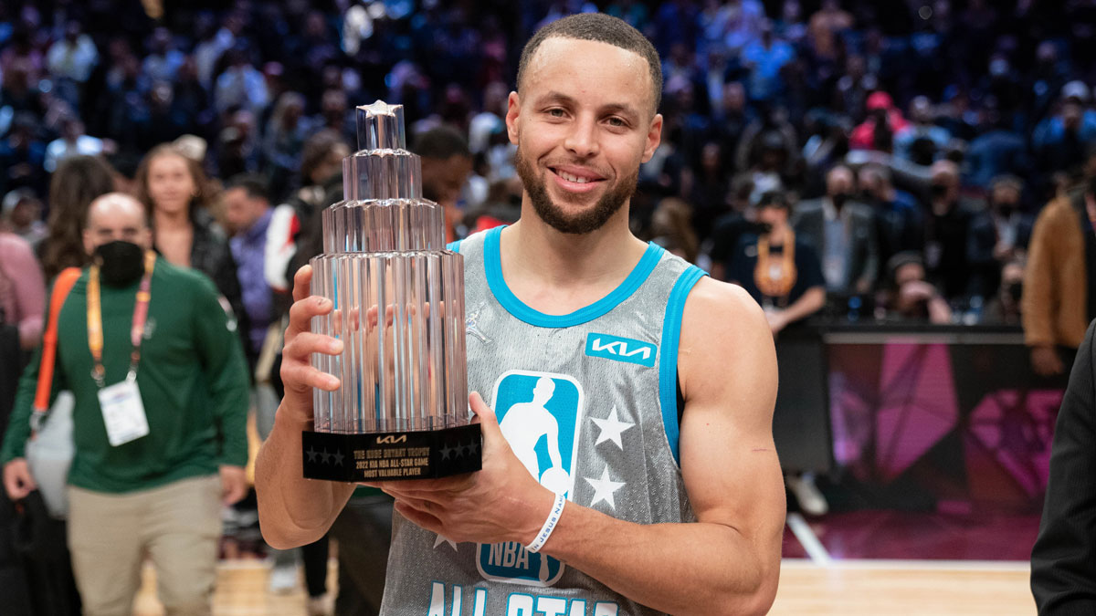 Team LeBron guard Stephen Curry of the Golden State Warriors (30) holds the The Kobe Bryant Trophy for being the most valuable player after the 2022 NBA All-Star Game at Rocket Mortgage FieldHouse.