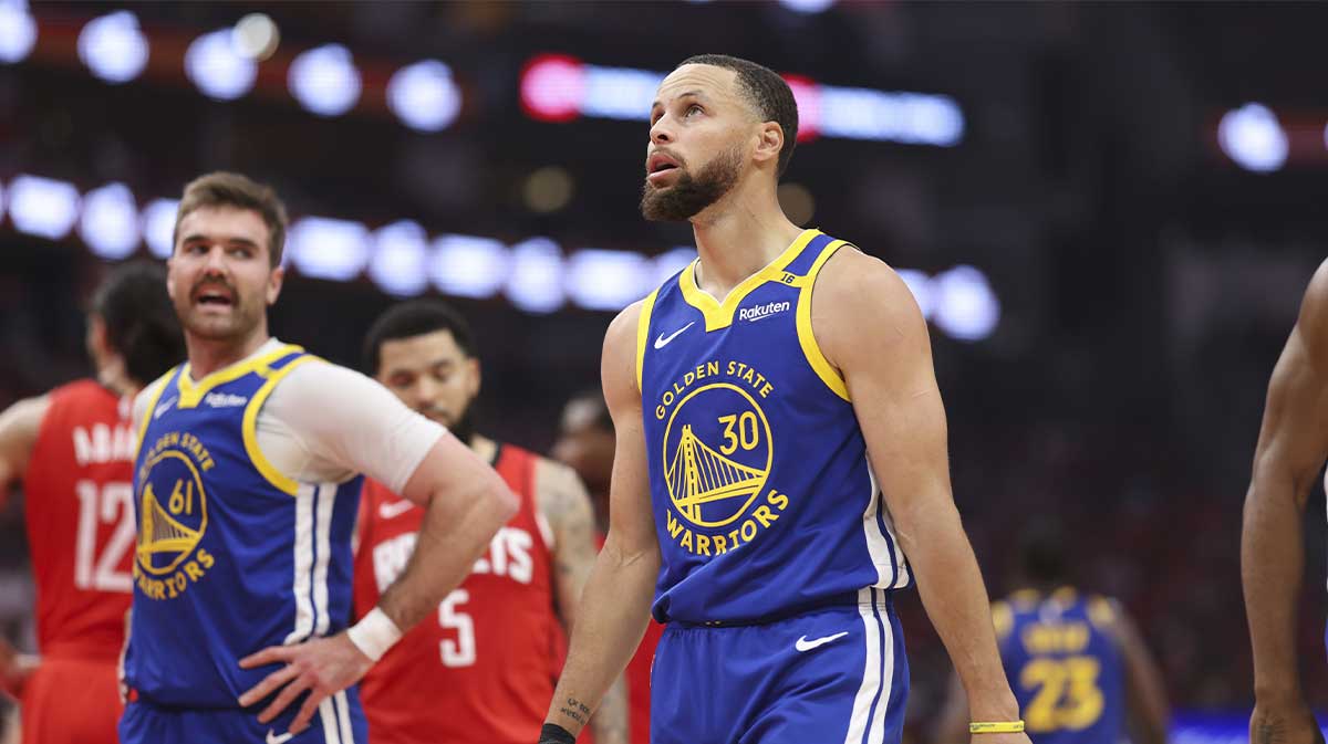 Golden State Warriors guard Stephen Curry (30) reacts after a play during the second quarter during game two of the first round for the 2024 NBA Playoffs against the Houston Rockets at Toyota Center.