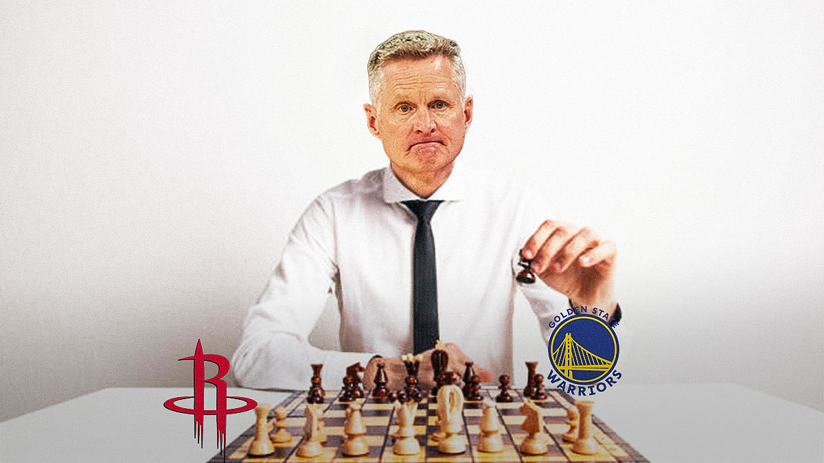 Warriors coach Steve Kerr playing chess with the Rockets logo.