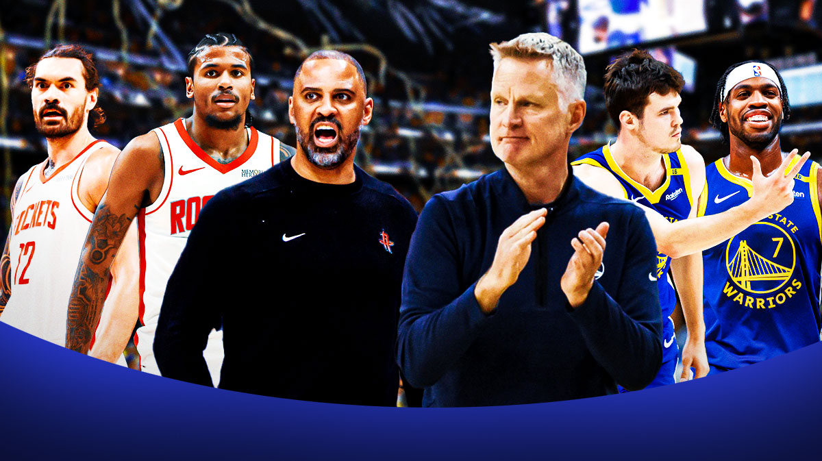 Warriors' Steve Kerr, Quinten Post and Buddy Hield with Rocekts' Ime Udoka, Jalen Green and Steven Adams