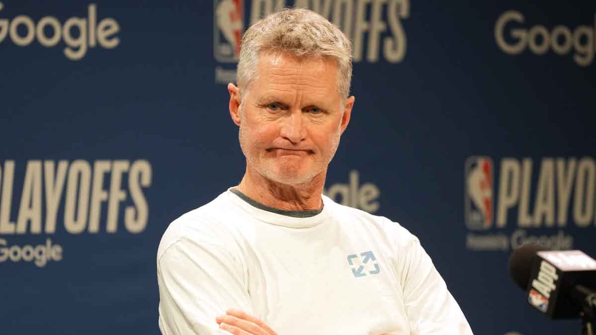 Golden State Warriors head coach Steve Kerr talks to media members before game three of first round for the 2024 NBA Playoffs against the Houston Rockets at Chase Center.