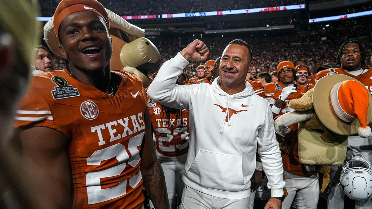 Texas Longhorns head coach Steve Sarkisian celebrates after defeating the Clemson Tigers in the first round of the College Football Playoffs at Darrell K Royal-Texas Memorial Stadium.