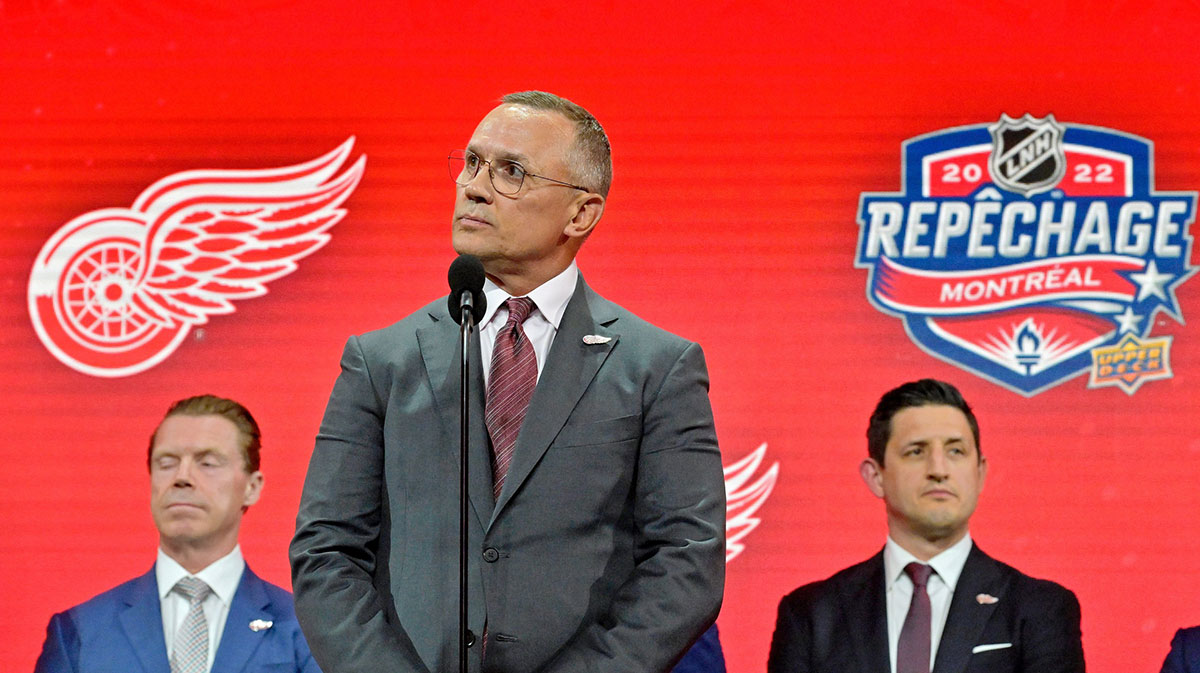 Detroit Red Wings general manager Steve Yzerman announces Marco Kasper (not pictured) as the number eight overall pick to the Detroit Red Wings in the first round of the 2022 NHL Draft at Bell Centre