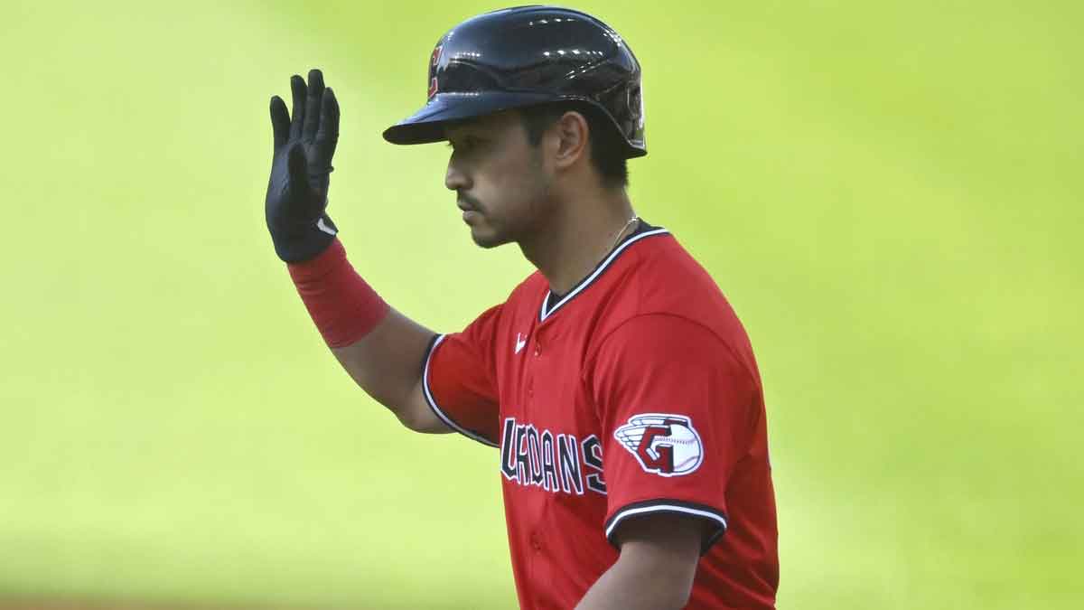 Apr 22, 2025; Cleveland, Ohio, USA; Cleveland Guardians left fielder Steven Kwan (38) celebrates his single in the first inning against the New York Yankees at Progressive Field. Mandatory Credit: David Richard-Imagn Images