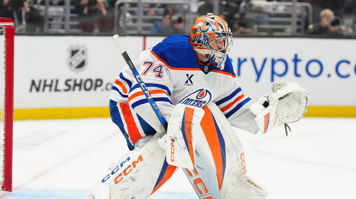 Edmonton Oilers goaltender Stuart Skinner (74) defends the goal in the third period of game one of the first round of the 2025 Stanley Cup Playoffs against the Edmonton Oilers at Crypto.com Arena.