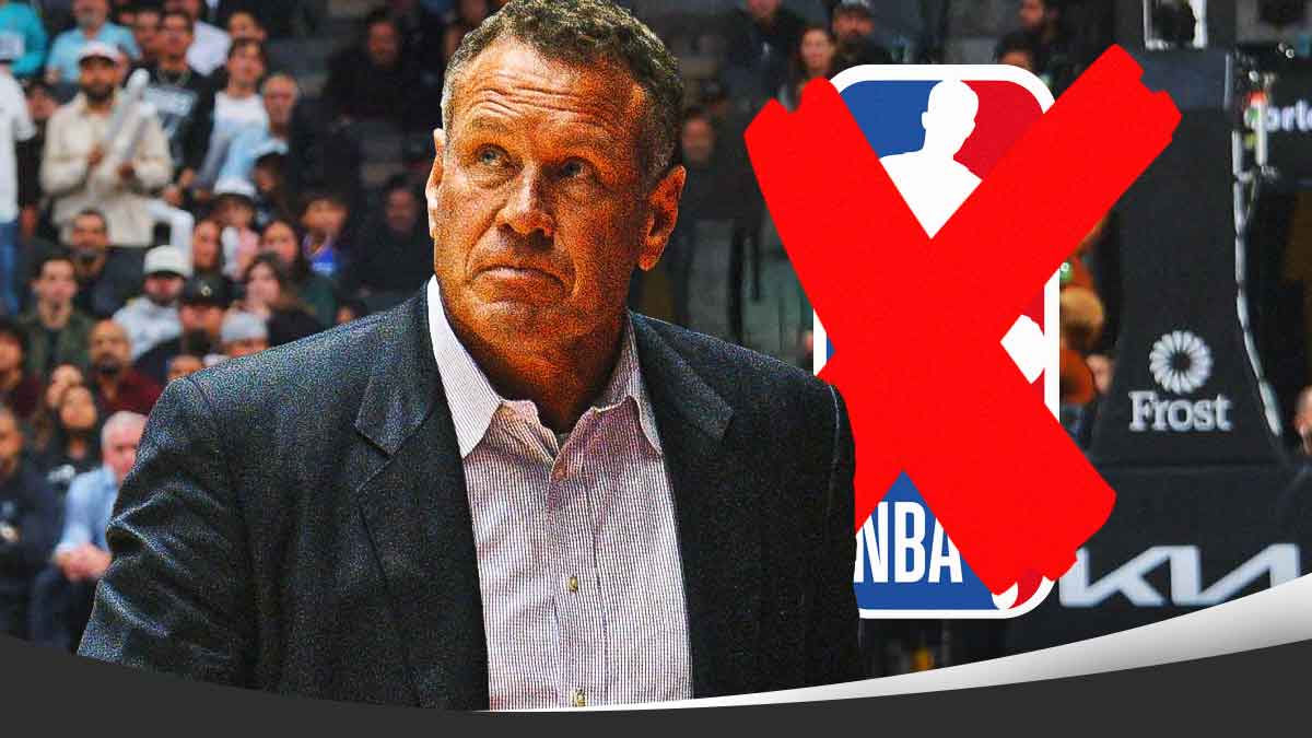 Dan Majerle with the NBA logo next to him. The NBA logo has a red X going through it, and a background of the Suns home arena