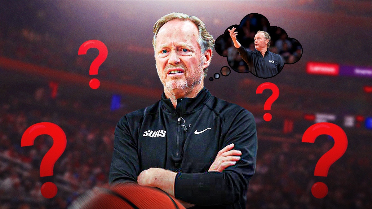Suns head coach Mike Budenholzer looking puzzled, with a thought bubble of him in Suns gear coaching. There are question marks throughout the image.