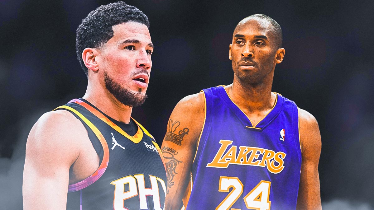 Suns' Devin Booker looking tired, with 2009 Lakers Kobe Bryant beside him