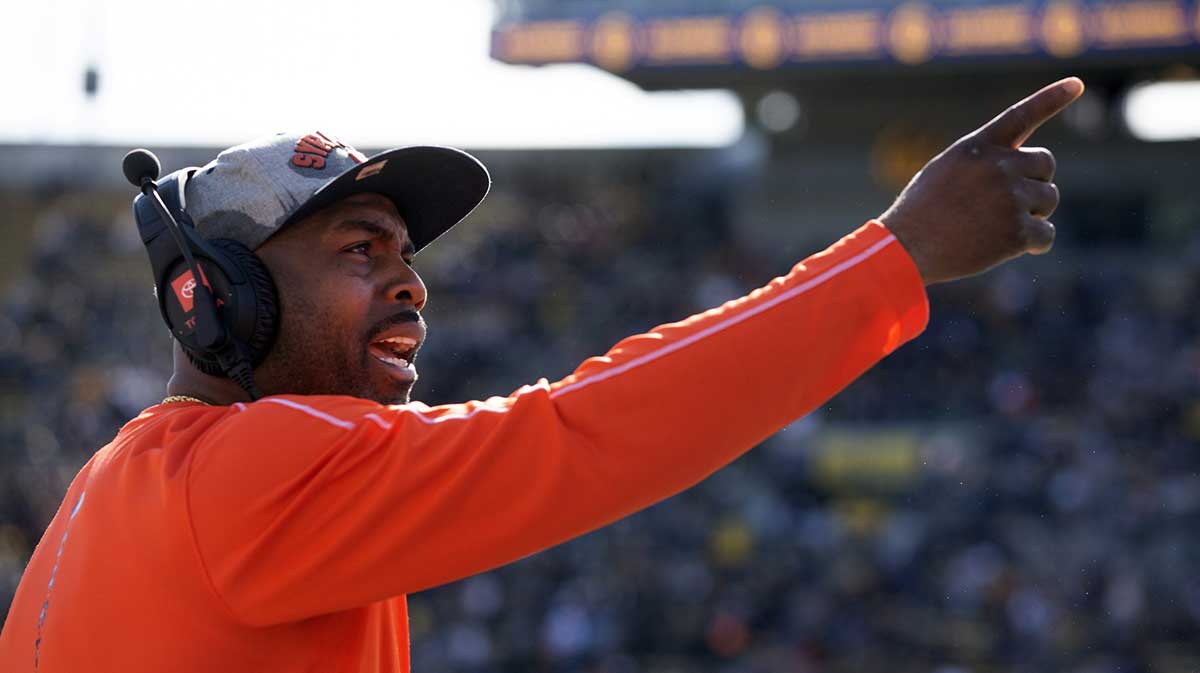 Syracuse Orange head coach Fran Brown argues an official’s call during the first quarter against the California Golden Bears at California Memorial Stadium.