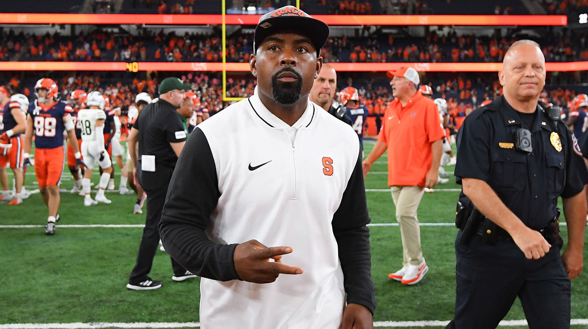 Syracuse Orange head coach Fran Brown walks on the field after a game against the Ohio Bobcats at the JMA Wireless Dome.