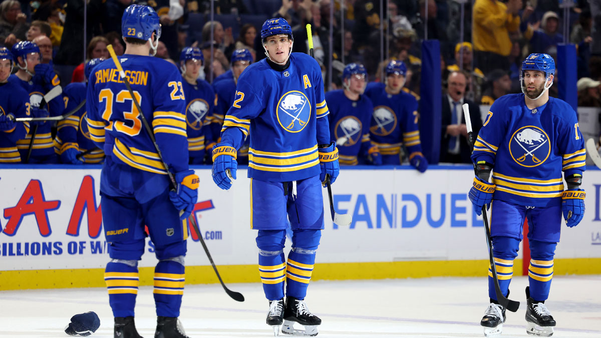 Buffalo Sabres center Tage Thompson (72) celebrates his third goal of the game with teammates during the third period against the Boston Bruins at KeyBank Center.