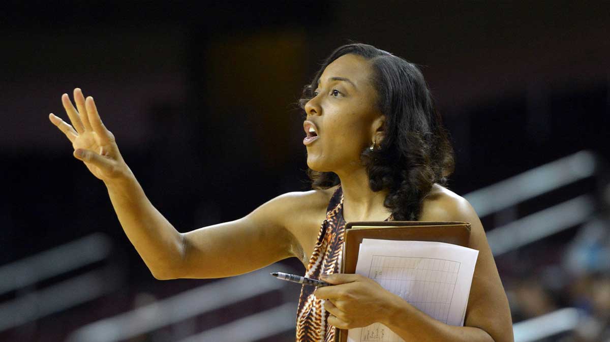 Southern California Trojans assistant coach Tai Dillard reacts during the game against the Arkansas State Red Wolve