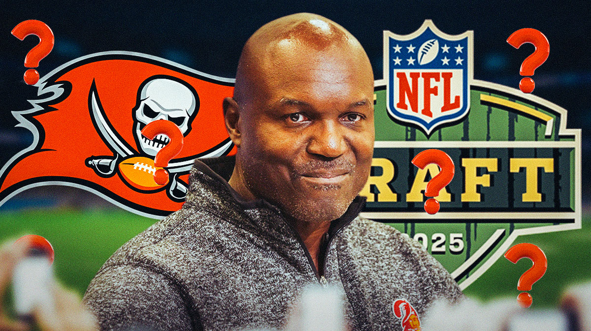 Tampa Bay Buccaneers head coach Todd Bowles surrounded by question mark emojis. There are also a logos for the Tampa Bay Buccaneers and the 2025 NFL Draft.