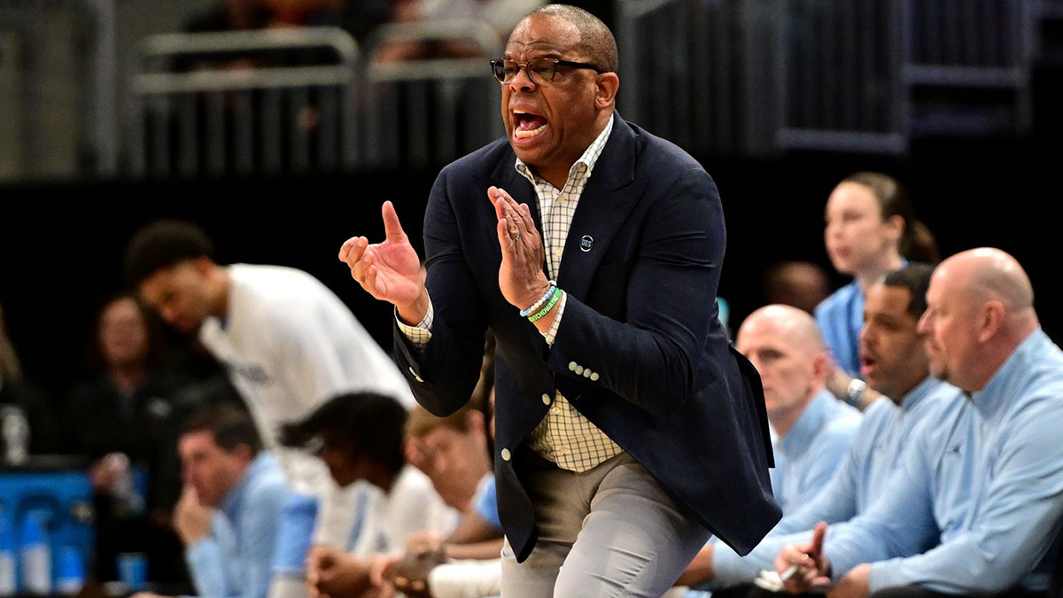 North Carolina Tar Heels head coach Hubert Davis during the first half of a first round NCAA men’s tournament game against the Mississippi Rebels at Fiserv Forum.