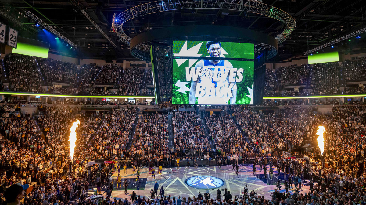 A general view of Target Center during starting lineups between the Los Angeles Lakers and Minnesota Timberwolves during game three of first round for the 2024 NBA Playoffs at Target Center.
