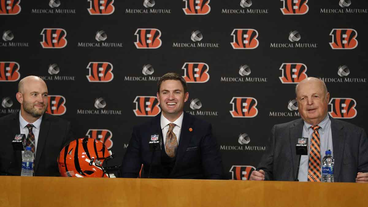 Feb 5, 2019; Cincinnati, OH, USA; Cincinnati Bengals head football coach Zac Taylor (middle) speaks alongside Bengals owner Mike Brown (right) and Duke Tobin , Bengals director of player personnel during a press conference at Paul Brown Stadium. Mandatory Credit: David Kohl-USA TODAY Sport