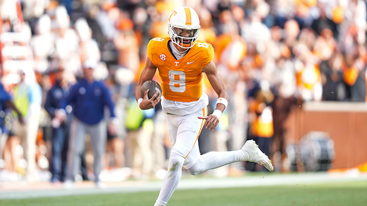 Tennessee quarterback Nico Iamaleava (8) runs with the ball during a NCAA football game between Tennessee and UTEP in Neyland Stadium on Saturday, November 23, 2024.