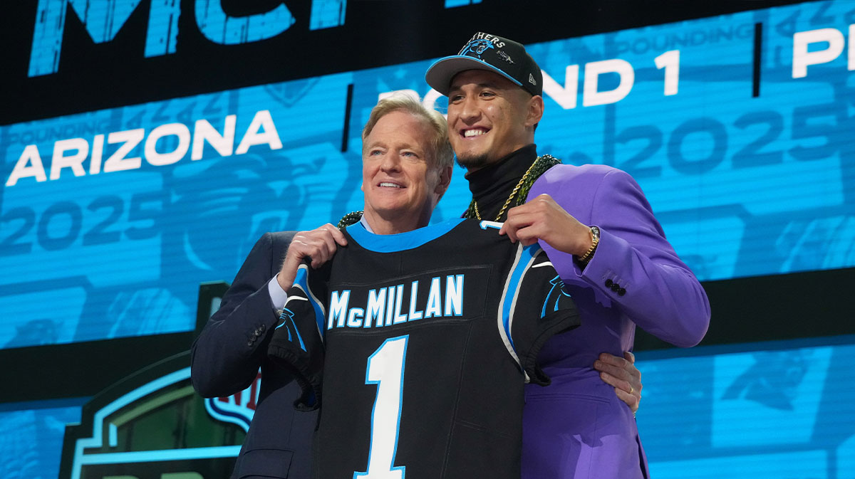 Apr 24, 2025; Green Bay, WI, USA; NFL commissioner Roger Goodell with Arizona Wildcats wide receiver Tetairoa McMillan after he is selected by the Carolina Panthers as the number eight pick in the first round of the 2025 NFL Draft at Lambeau Field. Mandatory Credit: Kirby Lee-Imagn Images