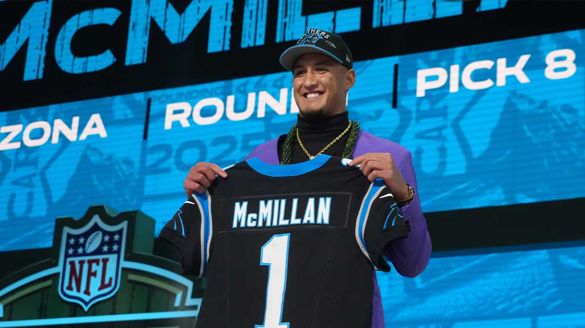 Arizona Wildcats wide receiver Tetairoa McMillan is selected by the Carolina Panthers as the number eight pick in the first round of the 2025 NFL Draft at Lambeau Field