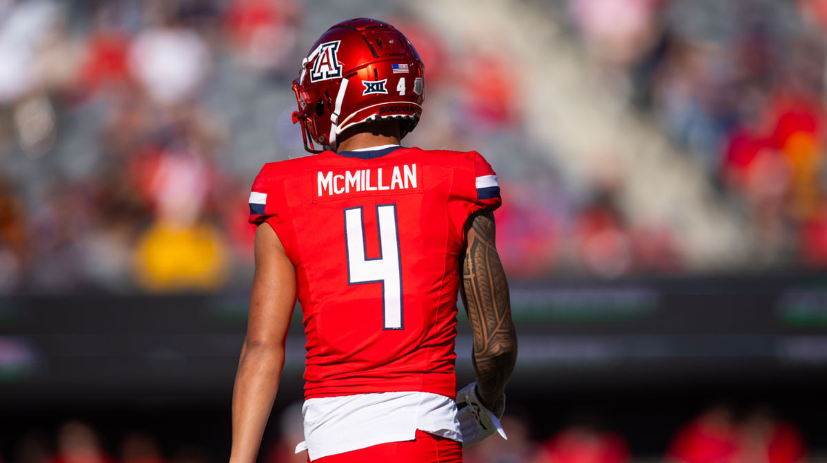 Detailed view of the jersey of Arizona Wildcats wide receiver Tetairoa McMillan (4) against the Arizona State Sun Devils during the Territorial Cup at Arizona Stadium.