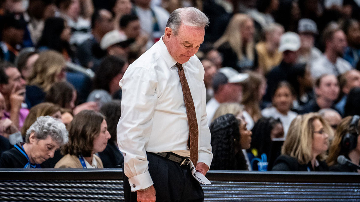 Texas Longhorns head coach Vic Schaefer reacts to a play in the second half of the Longhorns' NCAA Playoff semi-final game against the South Carolina Gamecocks at Amalie Arena in Tampa, Florida, April 4, 2025.