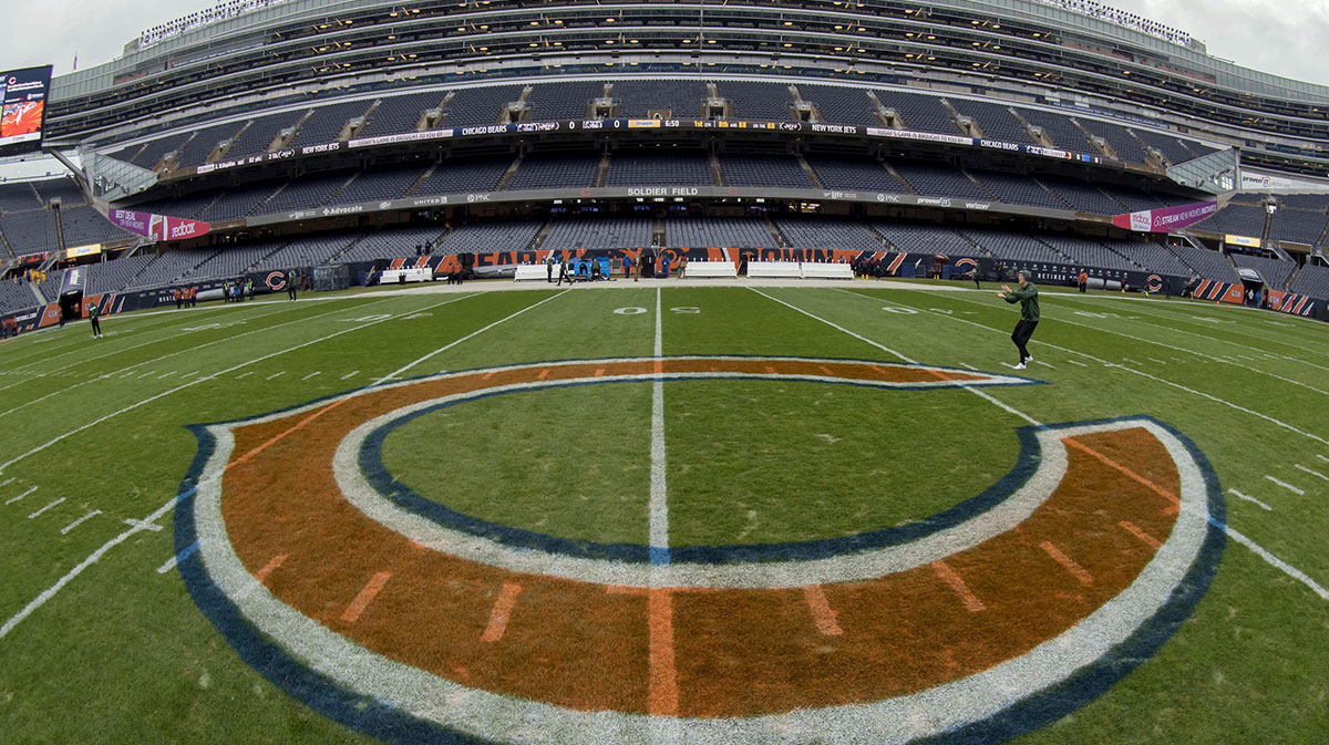 The Chicago Bears logo is seen prior to a game against the New York Jets at Soldier Field.