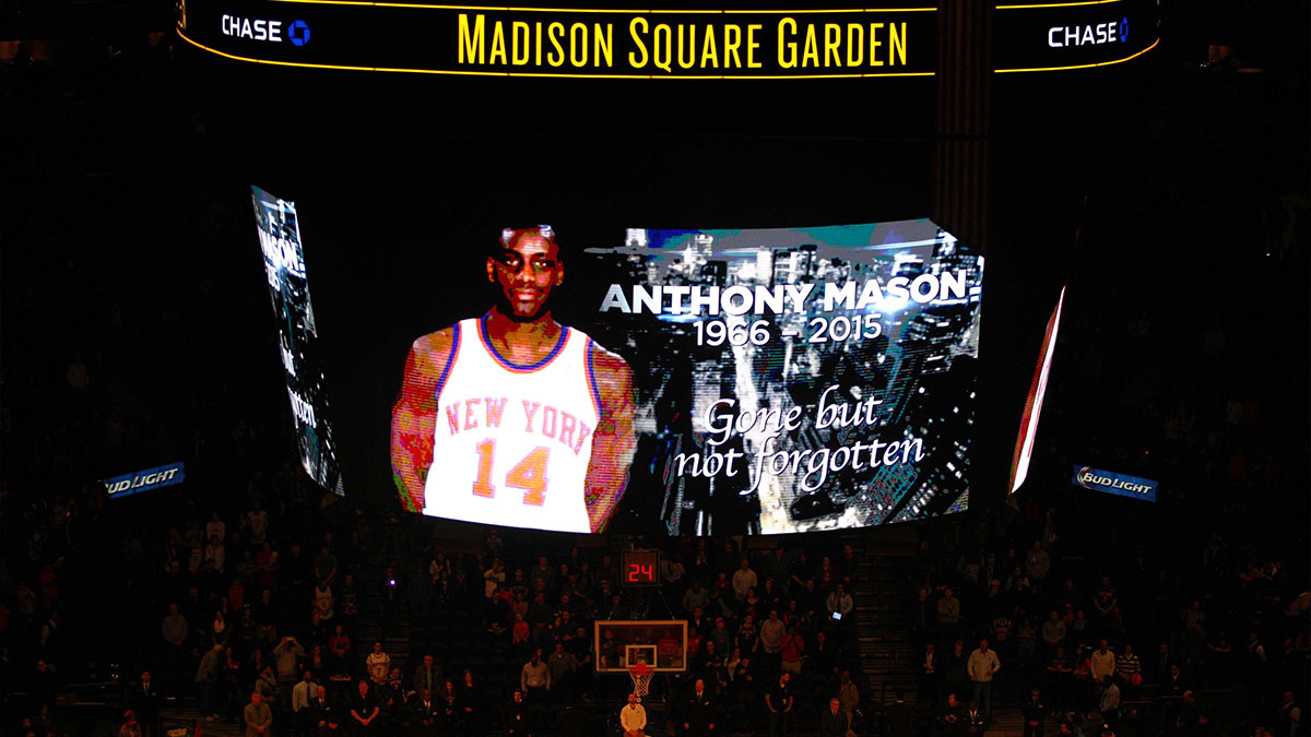 New York Knicks former player Anthony Mason, who died today, is honored with a moment of silence at Madison Square Garden before a game between the New York Knicks and the Toronto Raptors.