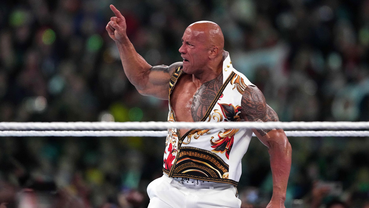 The Rock, who reportedly told Travis Scott to slap Rhodes at Elimination Chamber, during a match between Roman Reigns and Cody Rhodes at WWE WrestleMania 40.