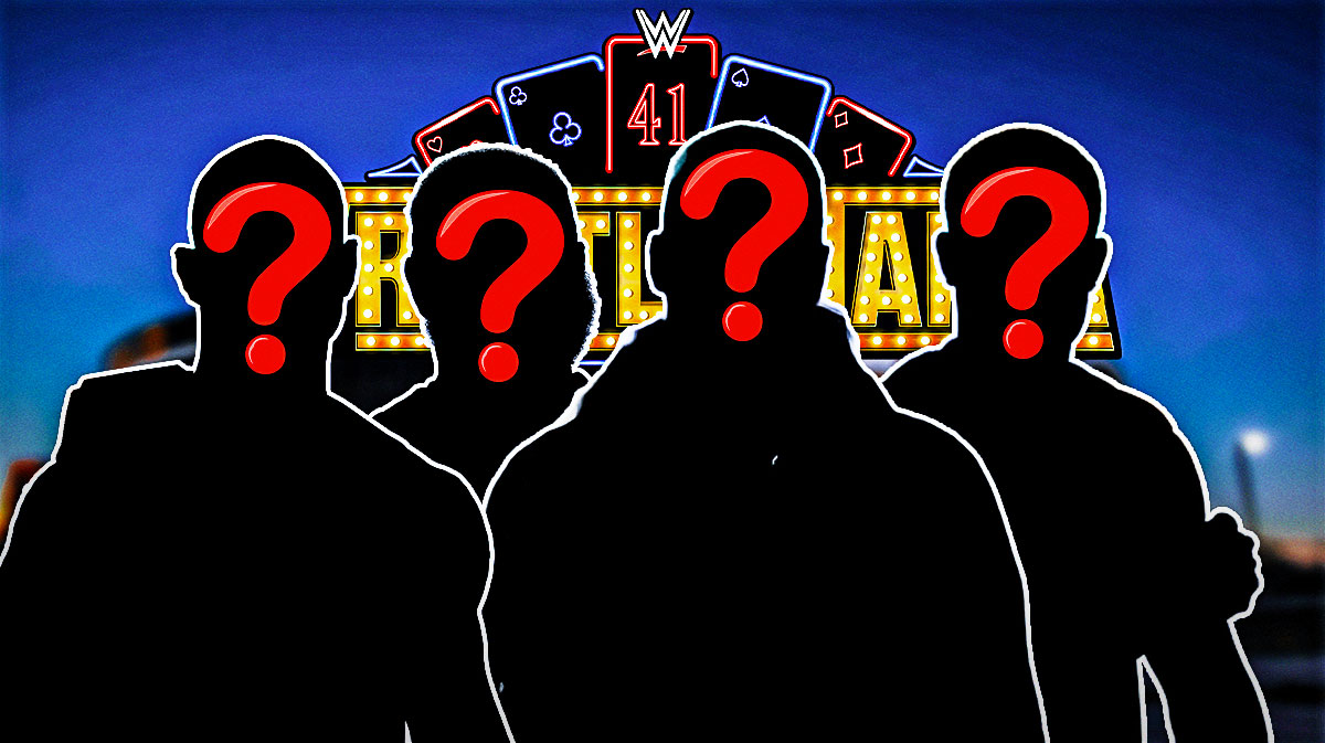 Silhouettes of WWE Superstars Randy Orton, Montez Ford, Angelo Dawkins, Solo Sikoa, who do not have matches on the WrestleMania 41 card, with Allegiant Stadium behind them and WrestleMania 41 logo.